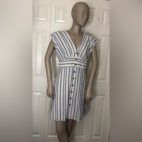 LOFT Blue and White Striped Button-Front V-Neck Dress - Picture 2 of 16